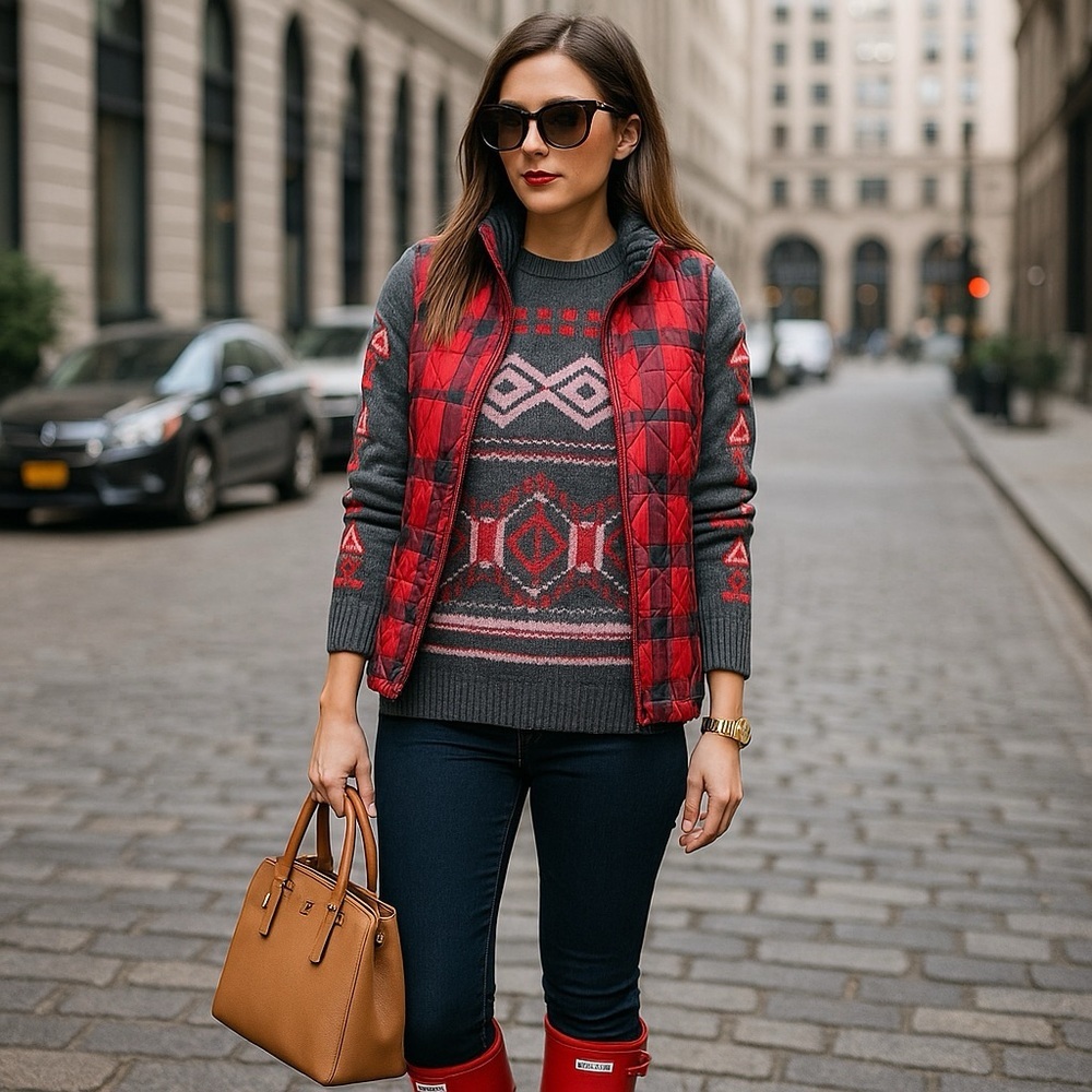 J.Crew Wool Mohair Abstract Fair Isle Sweater Gray Red Pink‎ Women’s Small